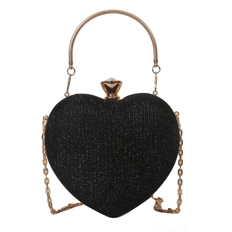 Heart-Shaped Evening Clutch Bag – Shiny Metal, Chain Shoulder Purse for Women