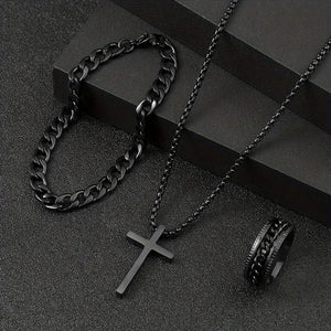 **Men's Cross Jewelry Set – Necklace, Ring & Bracelet for a Stylish Look**