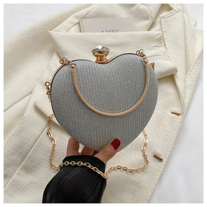 Heart-Shaped Evening Clutch Bag – Shiny Metal, Chain Shoulder Purse for Women