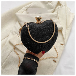 Heart-Shaped Evening Clutch Bag – Shiny Metal, Chain Shoulder Purse for Women