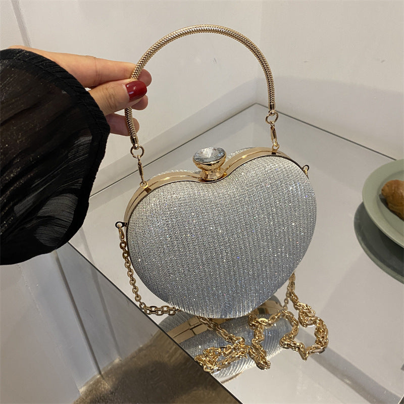 Heart-Shaped Evening Clutch Bag – Shiny Metal, Chain Shoulder Purse for Women