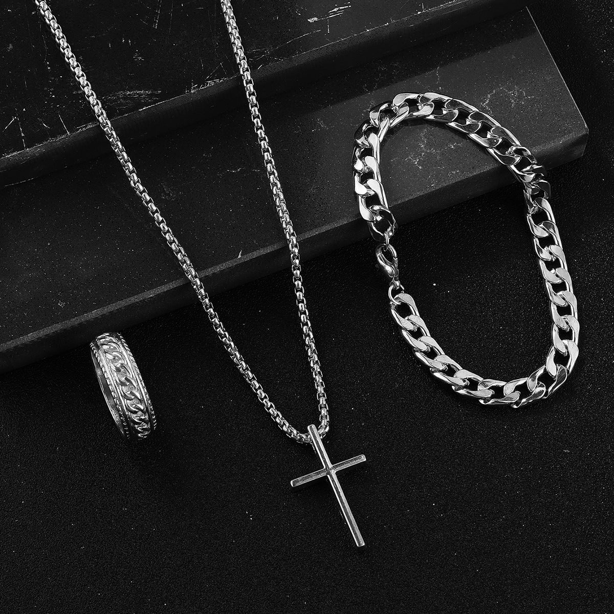 **Men's Cross Jewelry Set – Necklace, Ring & Bracelet for a Stylish Look**