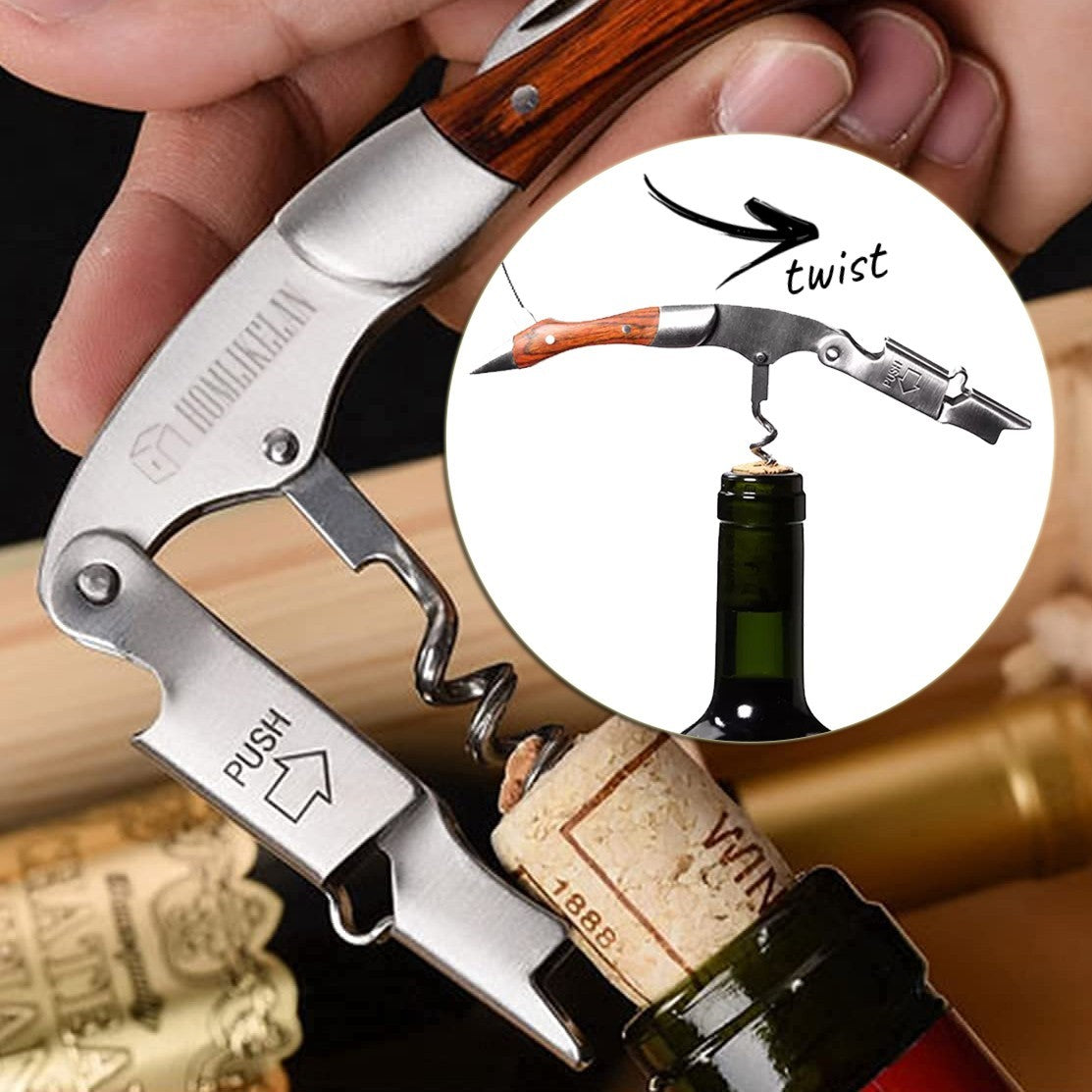 Wooden Handle Professional Wine Opener – Portable Multifunction Corkscrew & Bottle Opener