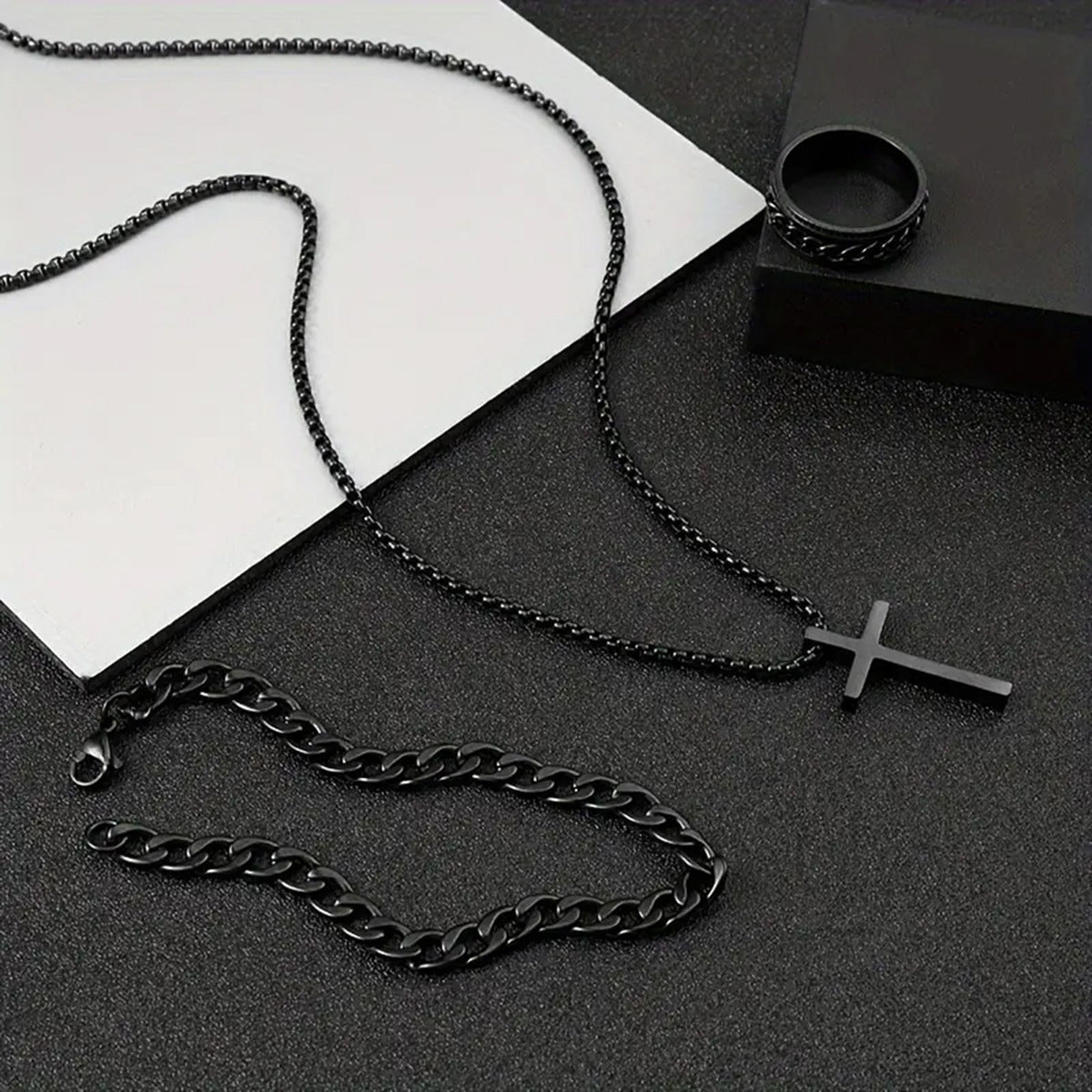 **Men's Cross Jewelry Set – Necklace, Ring & Bracelet for a Stylish Look**