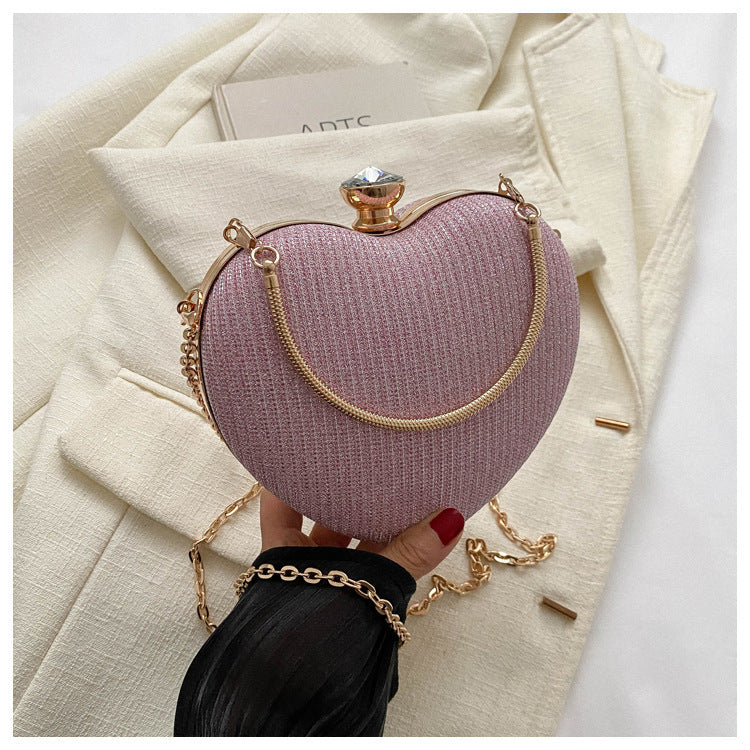 Heart-Shaped Evening Clutch Bag – Shiny Metal, Chain Shoulder Purse for Women